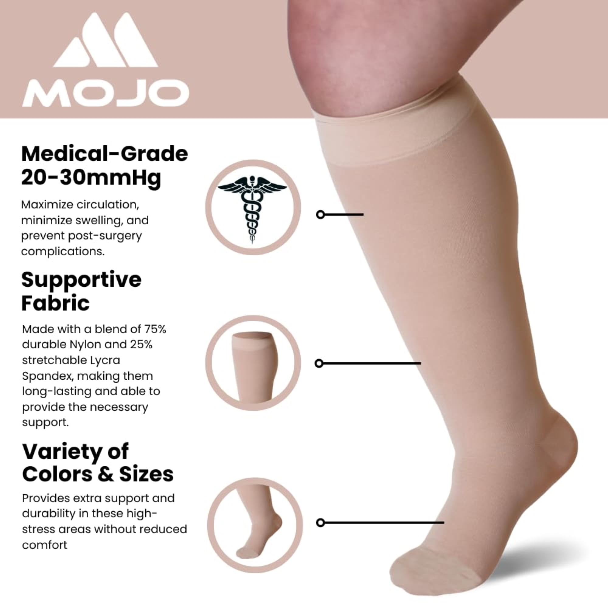 Mojo Compression Socks Unisex (3 Pairs) Plus Size 20-30mmHg Beige, 5X-Large