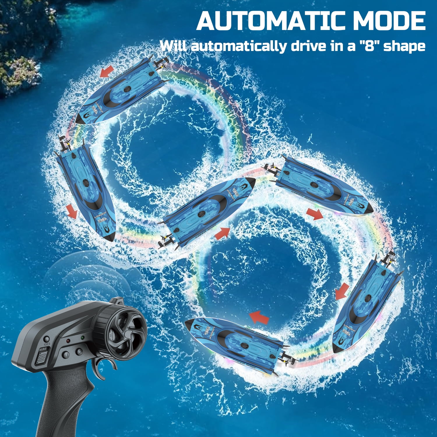 JoyStone Remote Control Boat with LED Lights, 20+ mph, 12 inch High-Speed RC Racing Boats for Pool & Lakes, Pool Toys for Kids & Adults, Blue