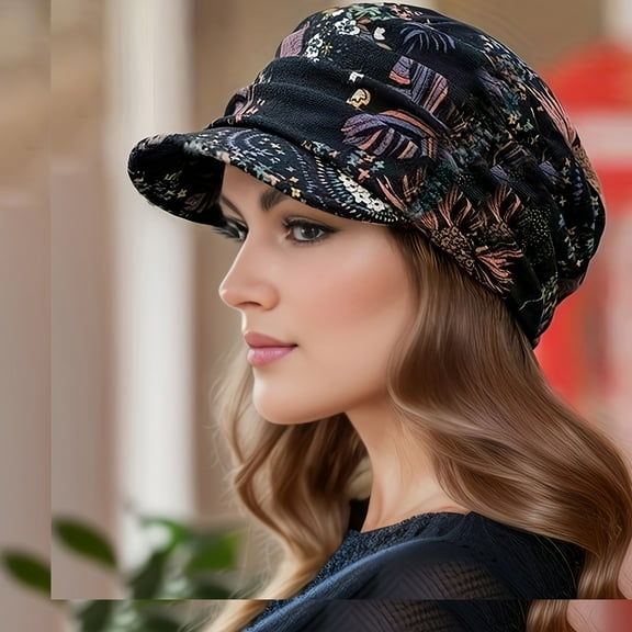 Vintage Flower Print Newsboy Hat Classic Ruched Sun Hats Lightweight Peaked Cap For Women