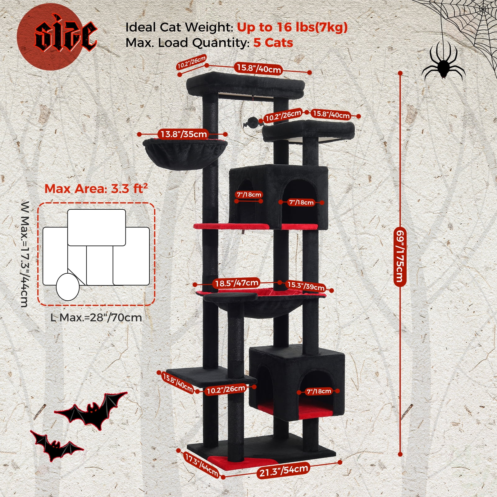 PEQULTI 69" Multi-Level Cat Tree Indoor Cat Tower for Adult Cat with Scratching Post & Hammock Black
