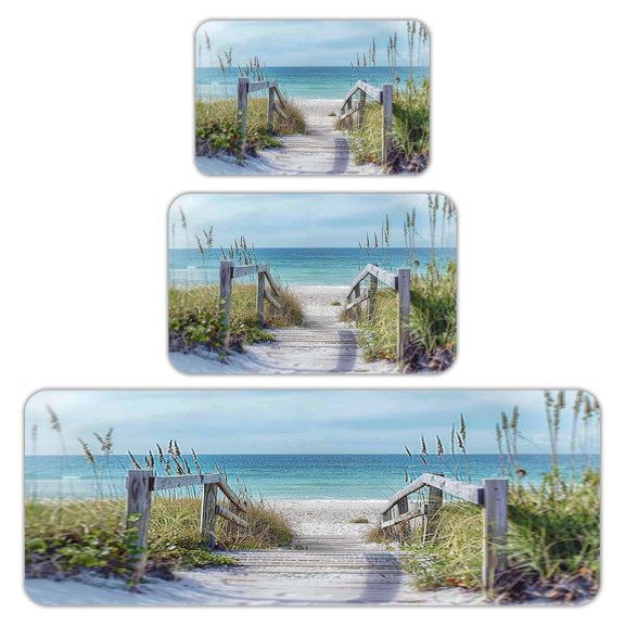 RKSupls Kitchen Rug Set 3 Piece Anti-Slip Flannel Floor Mats, Wooden Walkway Beach Washable Absorbent Runner Mats for Kitchen Bathroom Home Decor