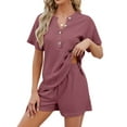 thumbnail image 3 of Nlife Women V Neck Button-Up Waffle Short Sleeve Shorts Knit Sets, 3 of 7