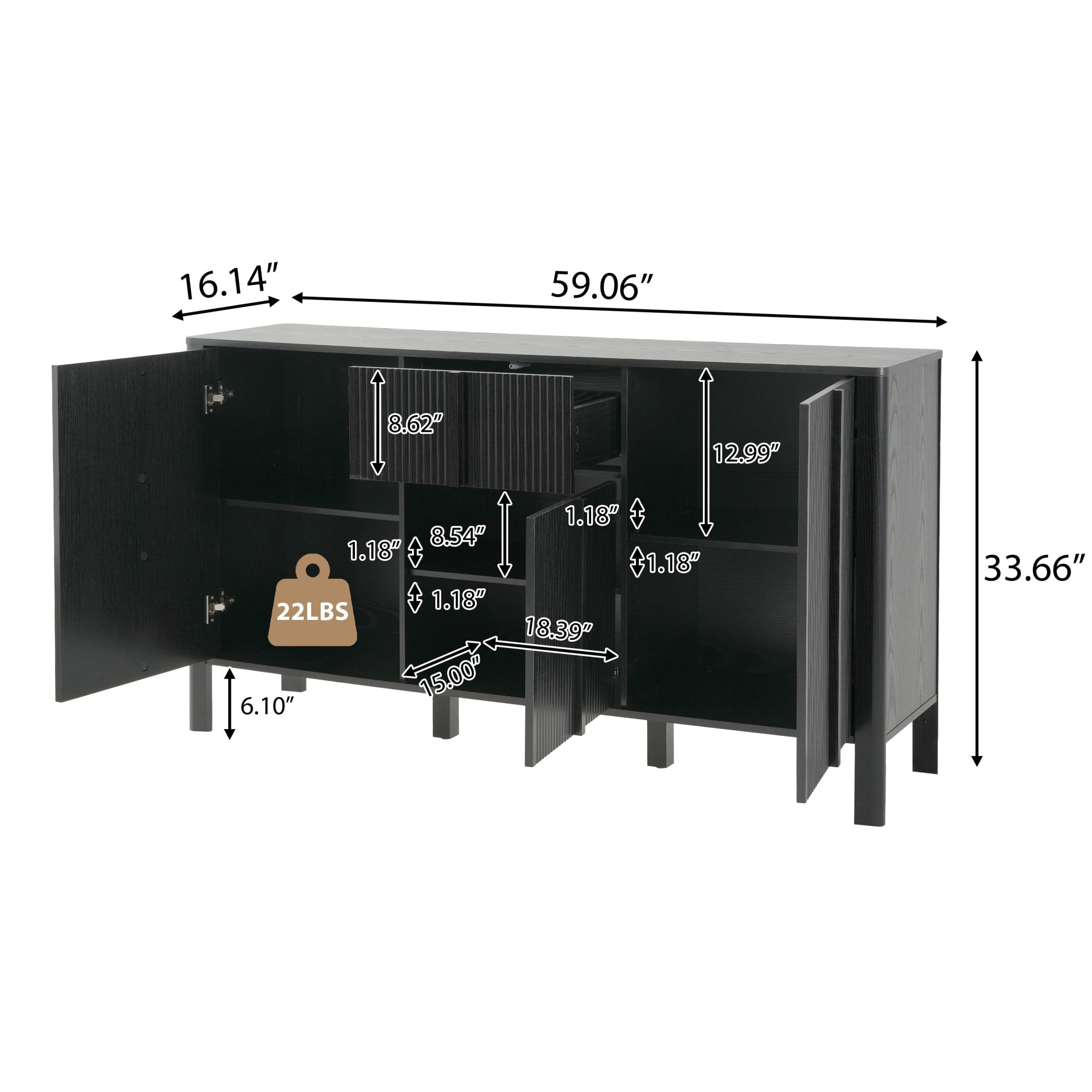 Christopher Knight Home 59" Modern Fluted Sideboard Storage Cabinet with 3 Doors and Drawer, Black