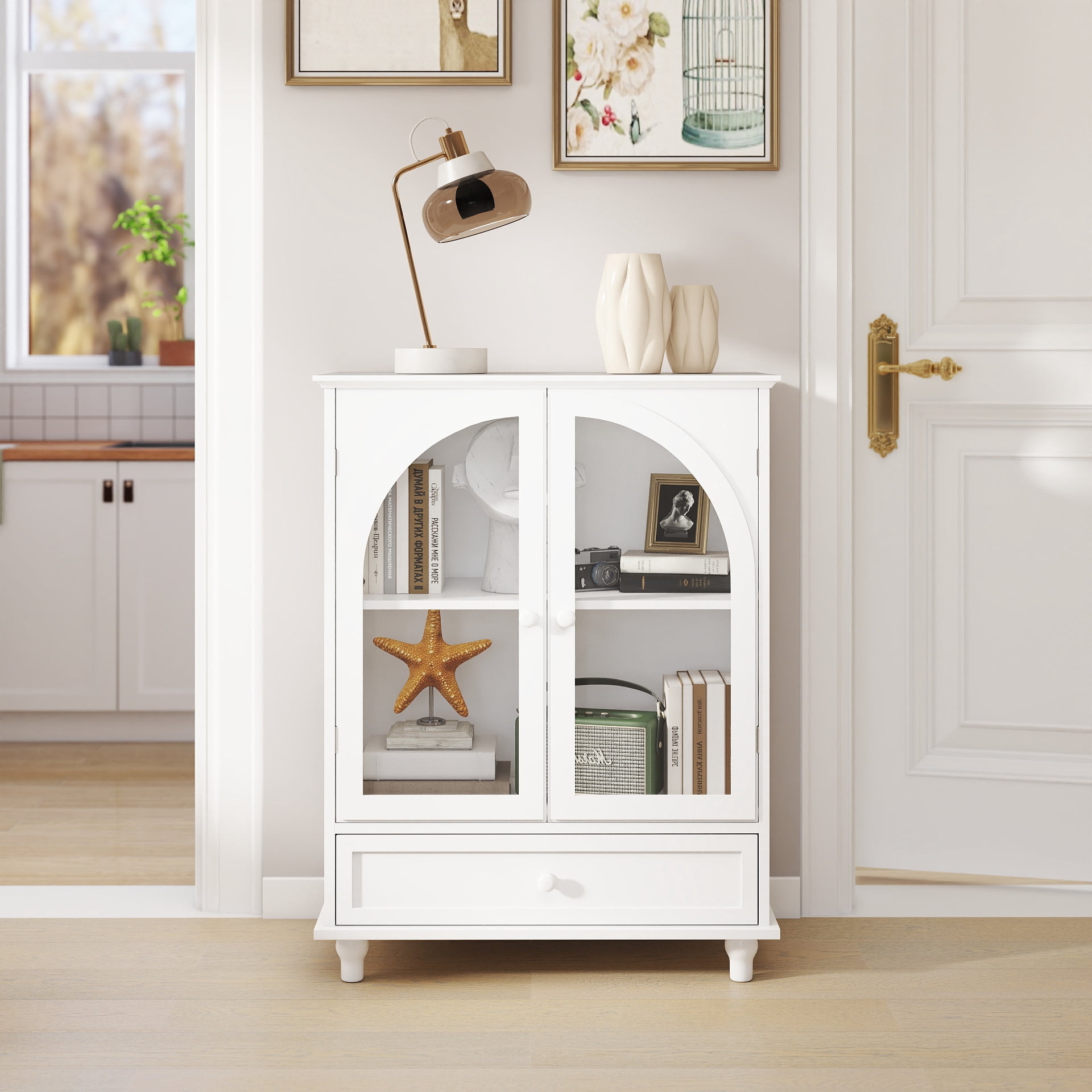 Arched Glass Door Farmhouse Sideboard, White Storage Cabinet with Tiered Top & 1 Drawer, Buffet Pantry Cabinet for Kitchen Living Room Coffee Bar