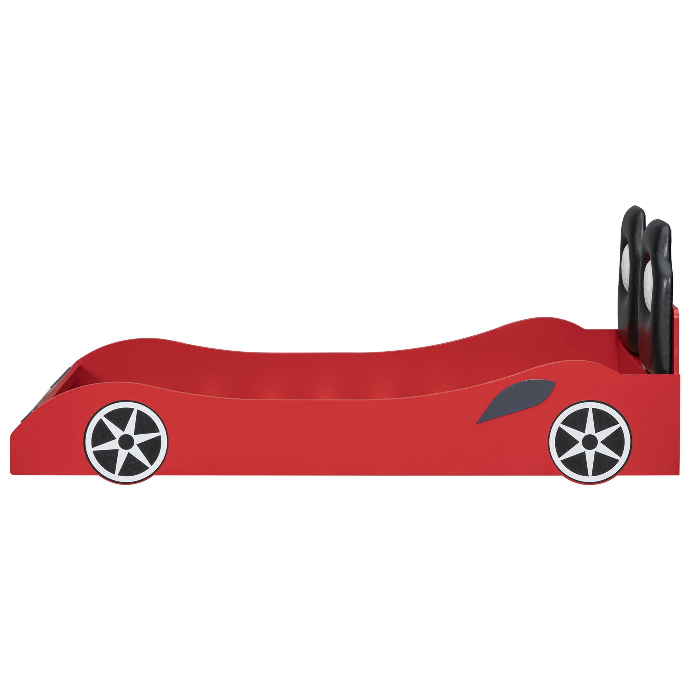 Noble House Linlyn Twin Size Wood Race Car Platform Bed with LED Lights and Upholstered Backrest, Red