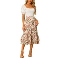 thumbnail image 3 of INSPIRE CHIC Women's Chiffon Skirts Elastic Waist Ruffle Tiered Floral Flowy Midi Skirts XS Beige Pink-Floral, 3 of 7