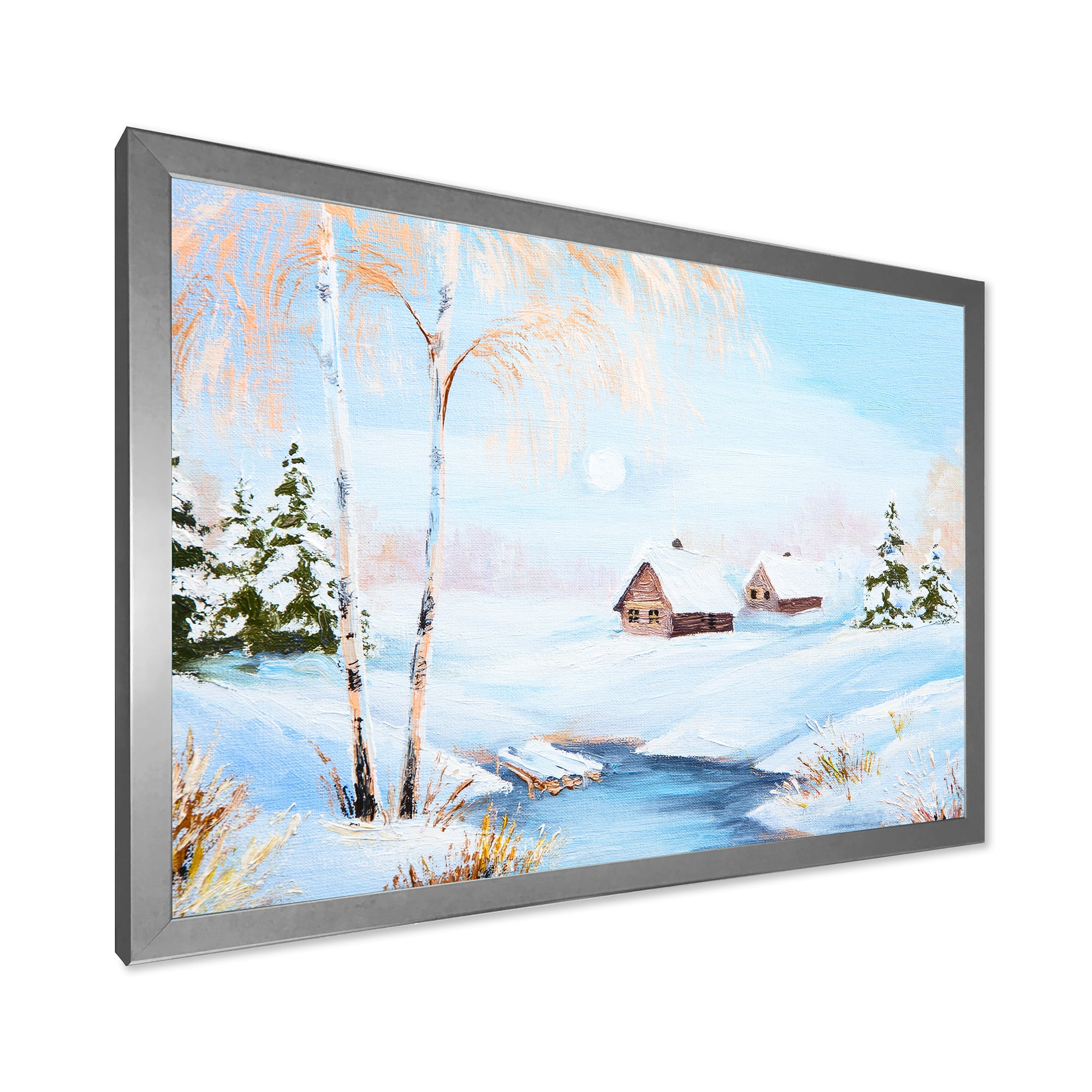 Designart 'Frozen River In The Forest Winter Landscape' Lake House Framed Art Print