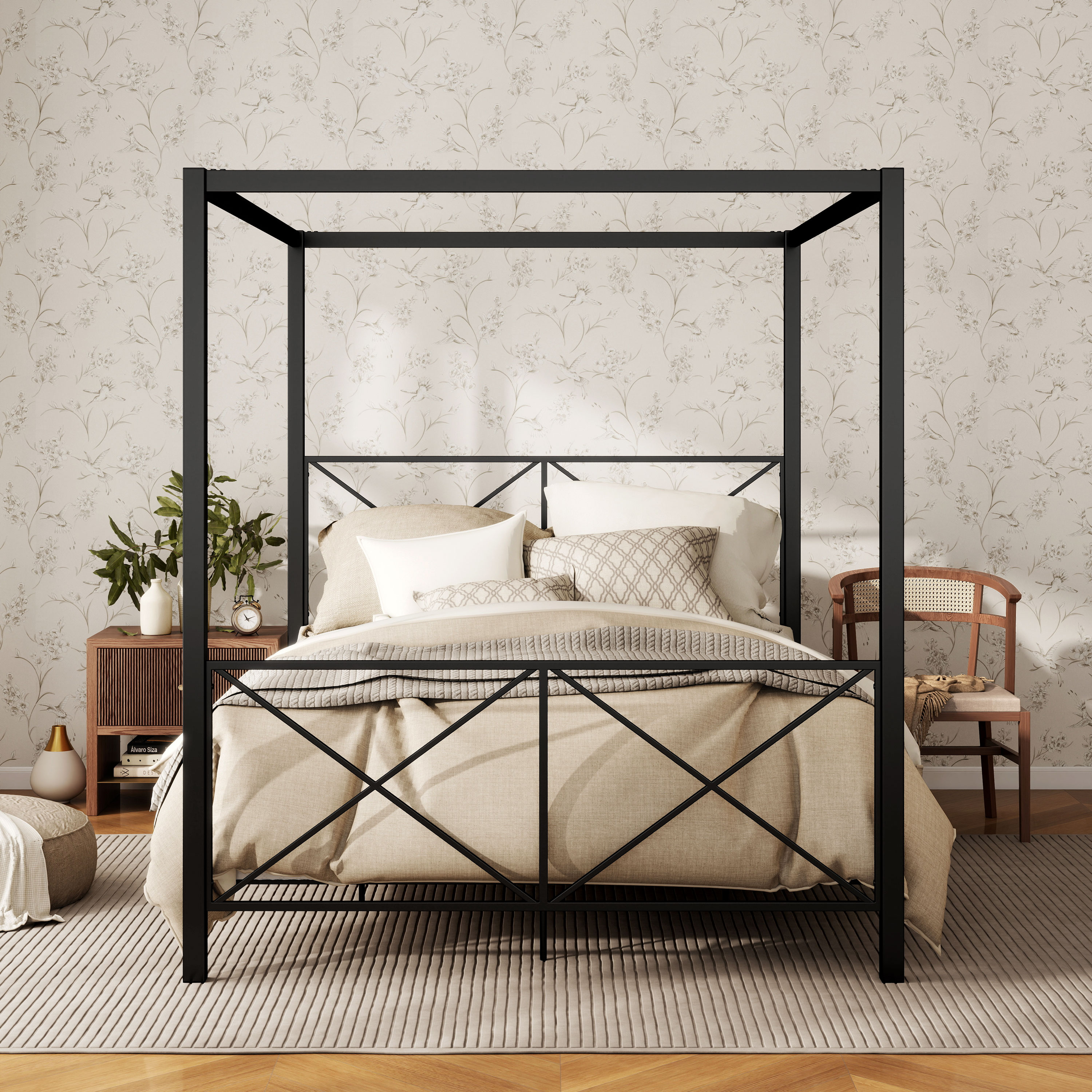Furniture of America Rosedale Modern Metal X-Cross Canopy Bed, Full Size, White