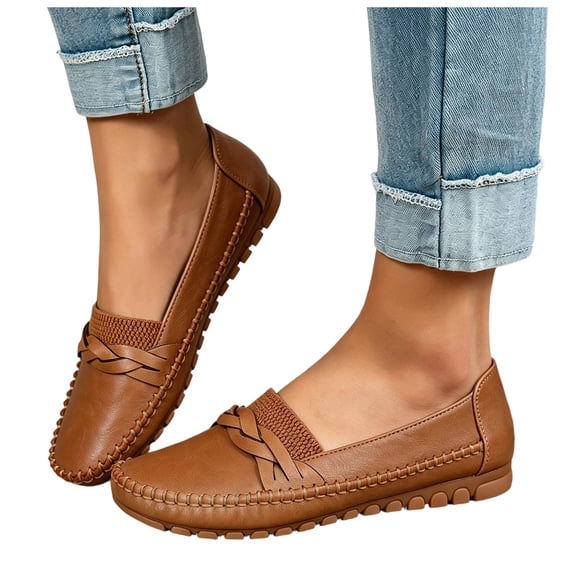 Women Orthopedic Loafers Arch Support Non Slip Comfortable Shoes Breathable Casual Slip on Leather Wide Width Shoes for Work Nursing Brown Size 6.5