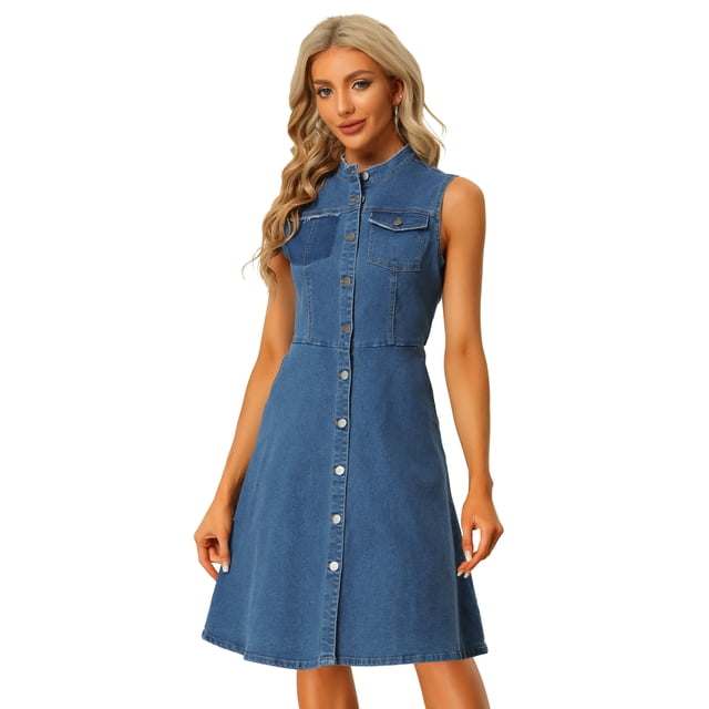 Vestido de mezclilla para mujer Vestido midi de jean desgastado sin mangas Azul S