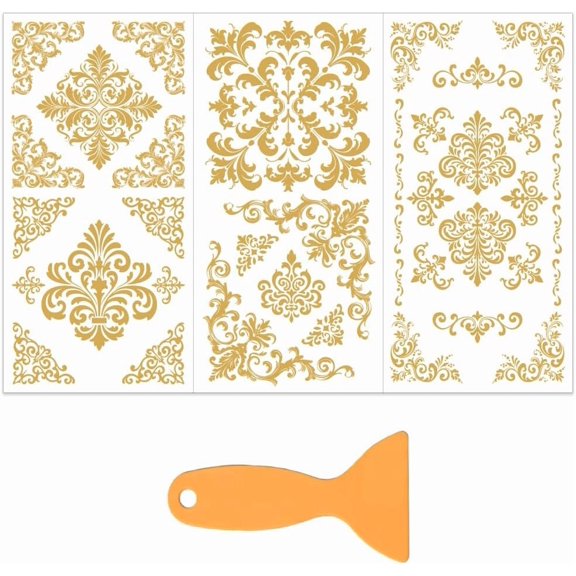 3Pcs/Set Golden Pattern Rub on Transfers for DIY Furniture and Craft 6x12 Inch Furniture Decal Transfer Stickers Rub on Decal with 1pc Scraper for DIY Scrapbook Window Home Decoration