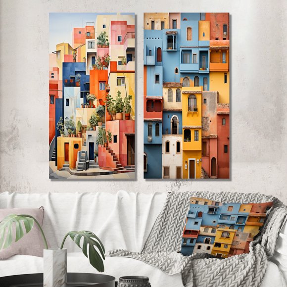 Designart "Coloré Casas This is Mexico s Vibrancy II" Ensemble d'Art Mural Mexicain de 2 - Ensemble de Toiles Multicolores pour Décoration de Salon