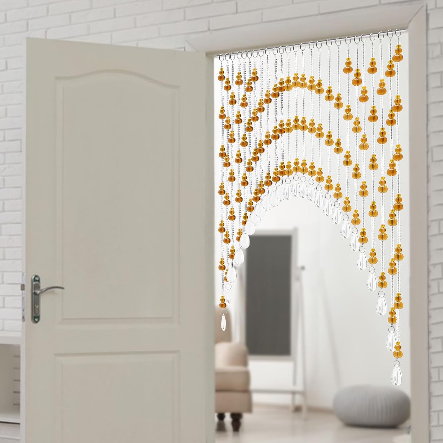 Beaded Curtain with 25 Crystal Strings Beaded Curtain for Doorways Door Hanging Door Beads Curtain Doorway Beads Room Bead Partition Curtain Room Decor for Bedroom Living Room (Amber)
