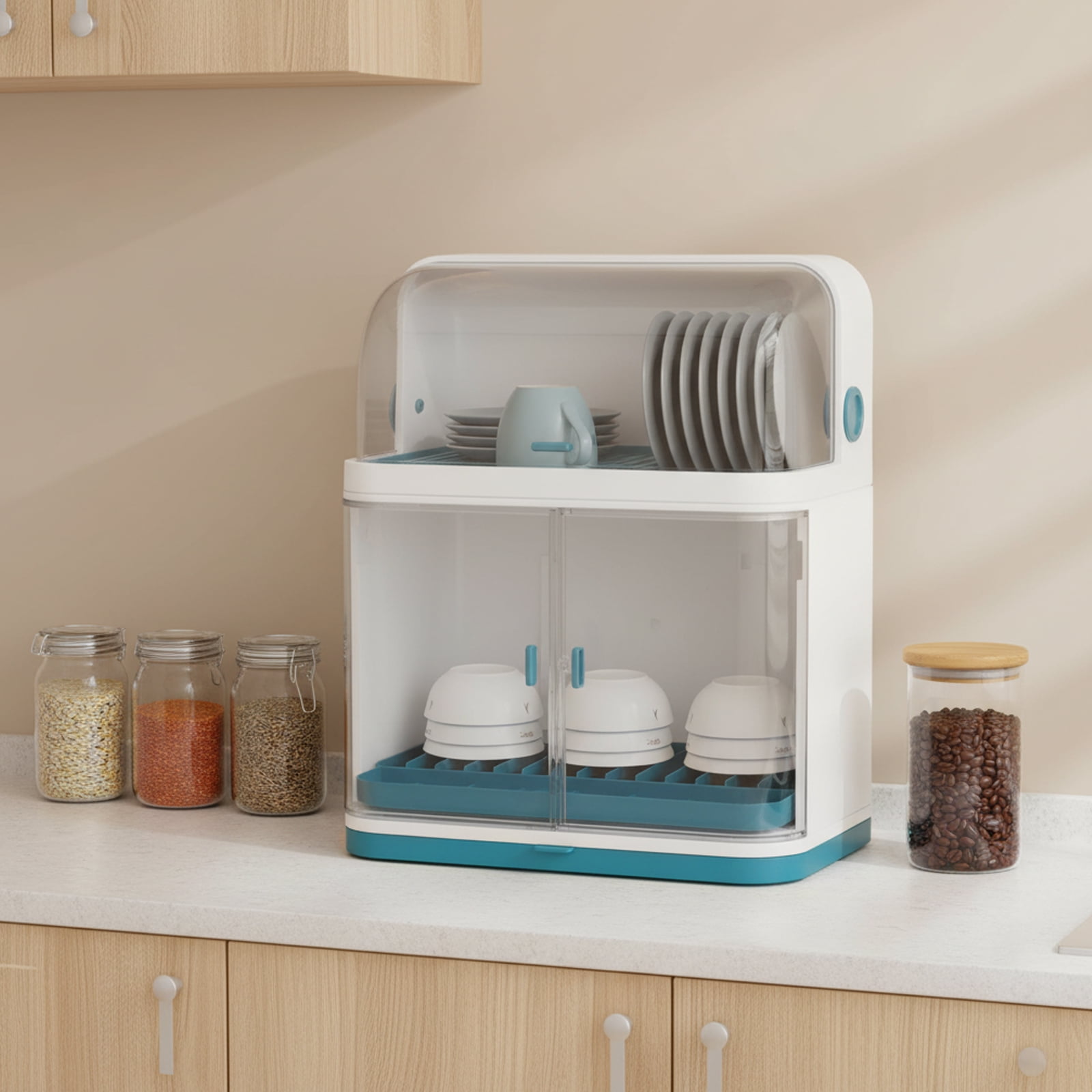 Dish Drying Rack with Lid Cover 2-Tier Kitchen Organizer Storage Cup Holder