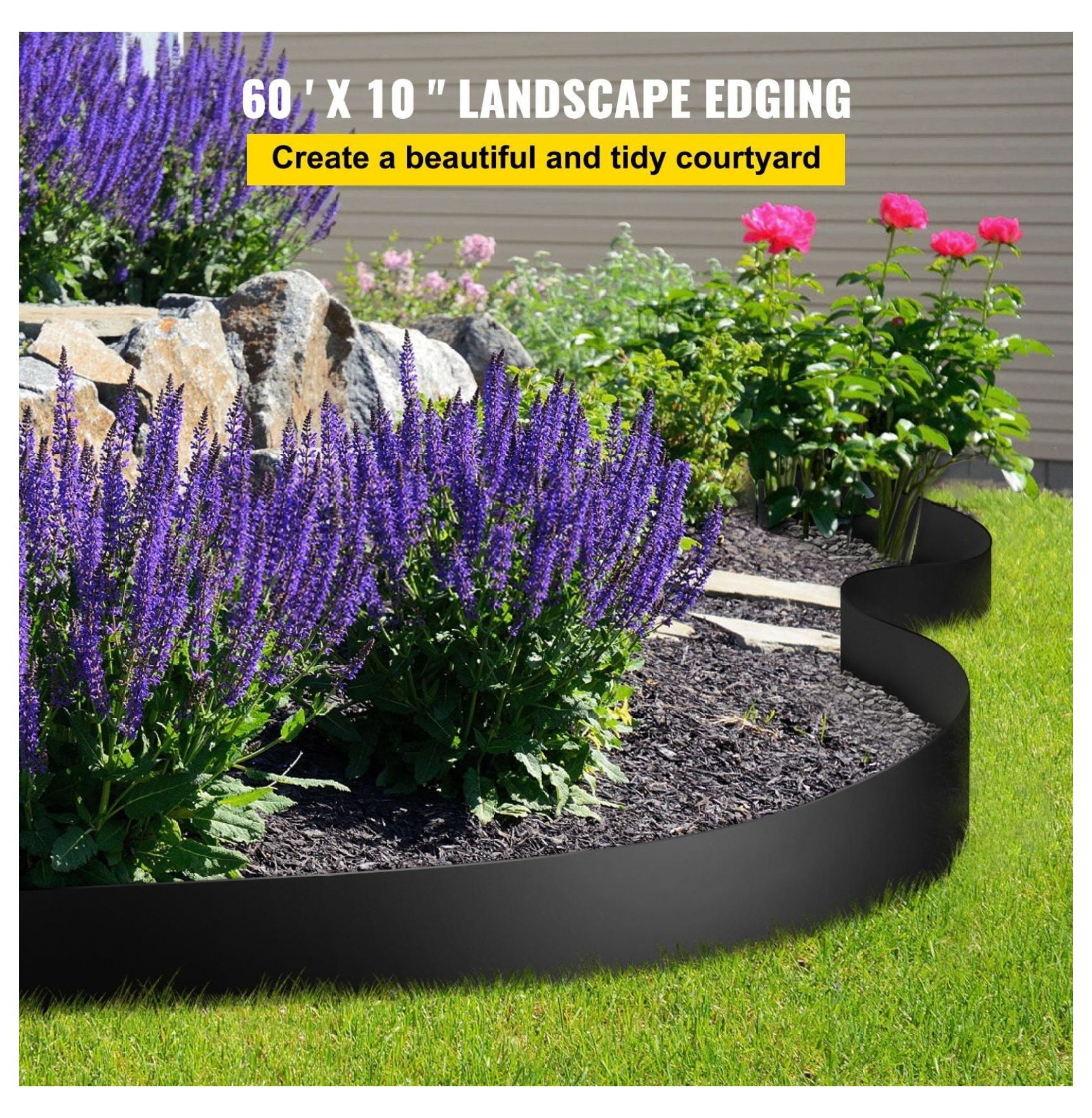 Landscape Edging 60ft x 10in, Recycled HDPE Flexible Garden Border for Lawn, Yard, Black - Weed Barrier, Terrace Board, Bendable Lawn Edging