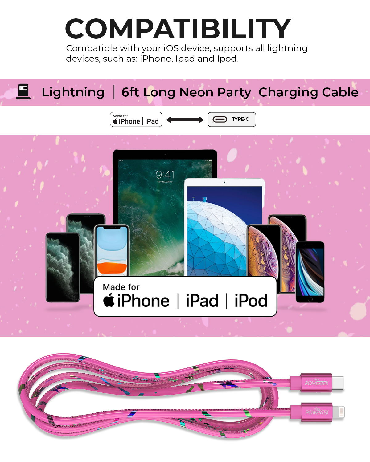 Powertek USB-C to Lightning Cable, 6ft, MFi Certified, Pink photo 6
