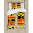thumbnail image 1 of Outer Space Decor Twin Size Duvet Cover Set, Warning Alien Ufo Sign Face of Martian Creature Danger Horror Print, Decorative 2 Piece Bedding Set with 1 Pillow Sham, Black Yellow, by Ambesonne, 1 of 3