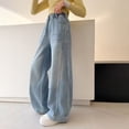 thumbnail image 4 of EnJoCho Teen Girls Jeans Straight Wide Leg Soli𝖽 Tone Elastic Waist Loose Denim Pants Stretch Trousers For Spring Autumn Back-to-School Outdoor Everyday Streetwear Casual Bottoms, 4 of 8