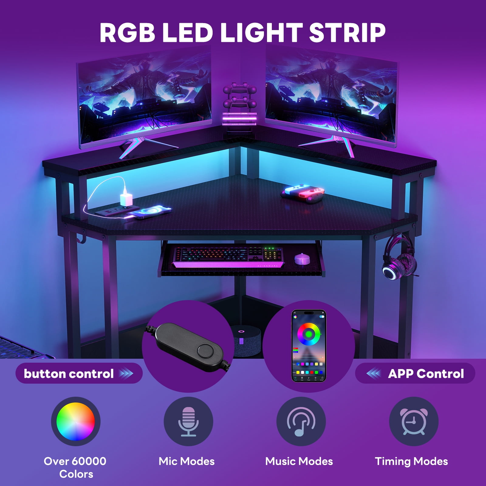 EDX Corner Office Gaming Desk 31 Inches L-Shaped Computer Desk with Charging Hub & Ergonomic Stand for Small Spaces, Carbon Black