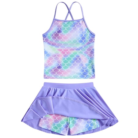 Lanbubble Girls Tankini Swimsuits Set Criss-Cross 2-Piece Bathing Suits Beach Swimwear 9-10 Years