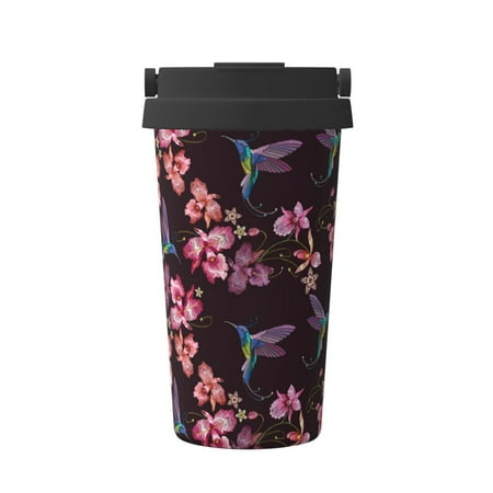 

Xecao Humming Bird And Tropical Pattern Insulated Coffee Mug with Handle & Flip Thermos Mug Water Bottle Coffee Tumbler Cup
