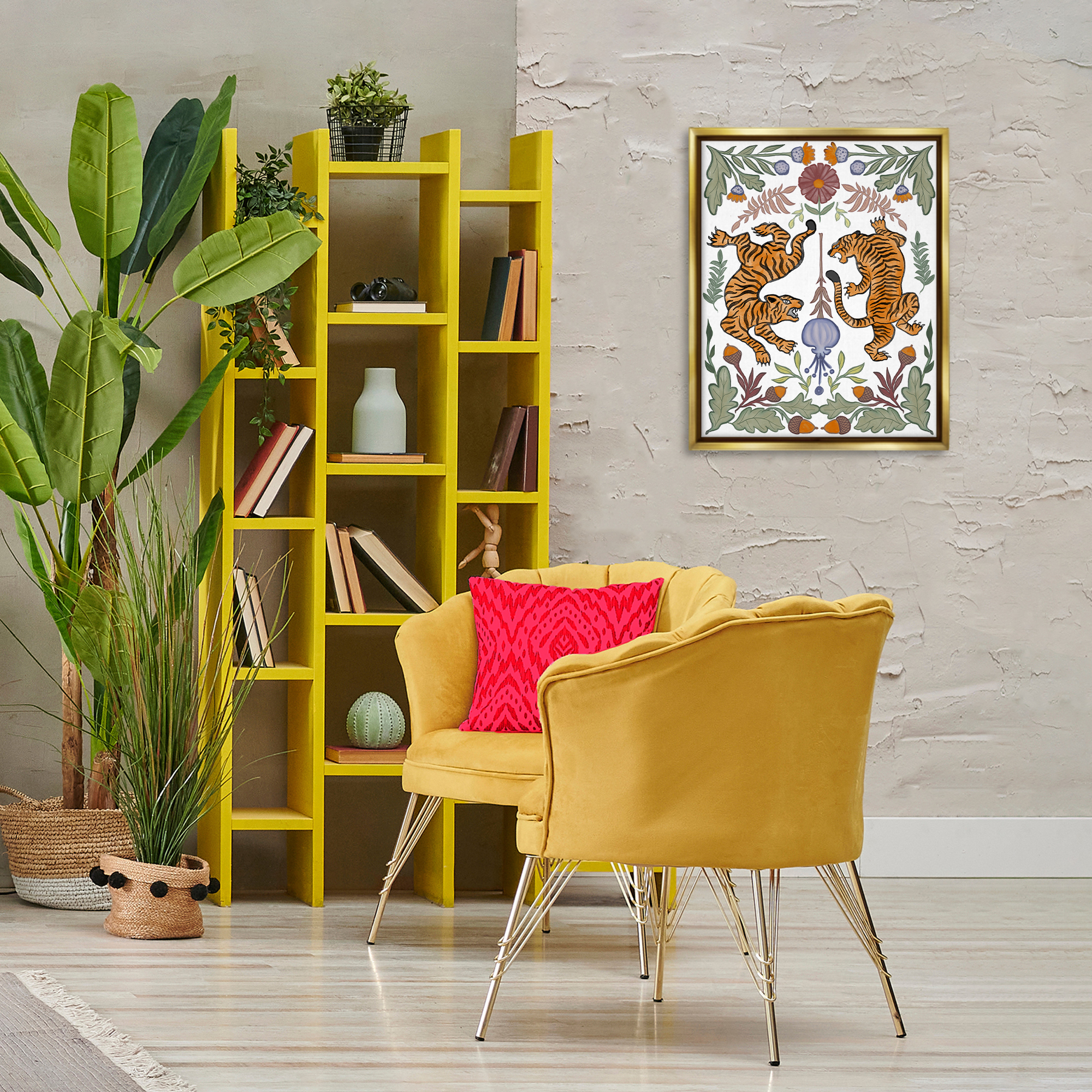Stupell Industries Mirrored Plants with Tigers Animals Painting Gold Floater Framed Canvas Art Print Wall Art, 17 x 21