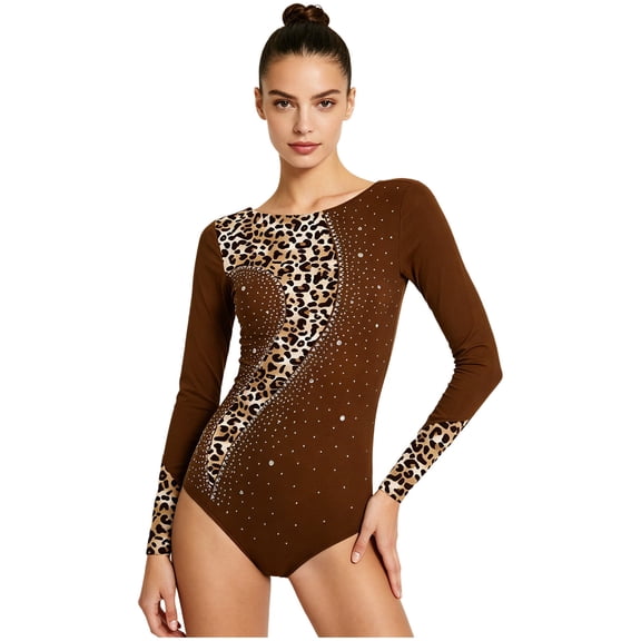SiiRoh Gymnastics Leotards for Women Print Spliced Rhinestones Long Sleeve Skating Dance Ballet Unitards Brown M