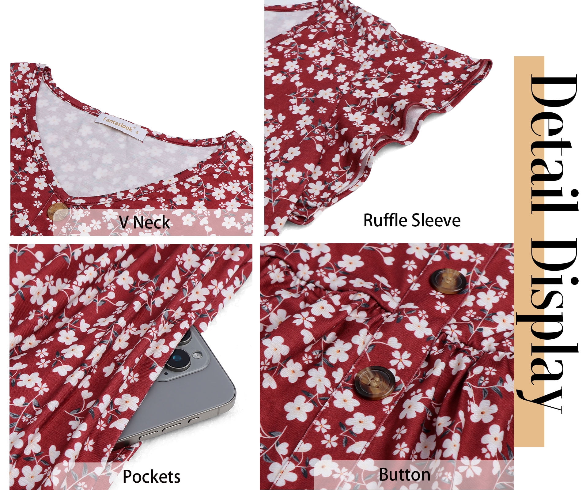 Fantaslook Women Summer Dresses V Neck Ruffle Sleeve Casual Flowy Sundresses Button Floral Midi Dress with Pockets