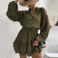 thumbnail image 5 of Women's Casual Long Sleeve Dress Trendy V Neck Buttons Ruffle Mini Dress Elastic Waist Solid Swing Short Dress, 5 of 8