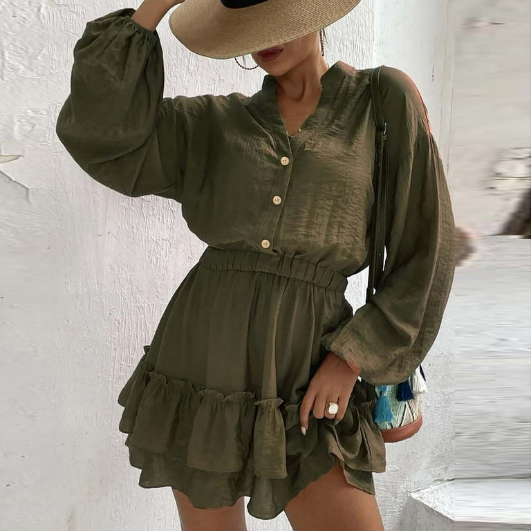 Npasoilc Mini Dresses For Women Long Lantern Sleeves Short Dress V Neck Button Down Ruffle Tiered Swing Fall Casual Dress Comfy Trendy Fall Dress - Walmart.com Npasoilc Mini Dresses For Women Long Lantern Sleeves Short Dress V Neck Button Down Ruffle Tiered Swing Fall Casual Dress Comfy Trendy Fall Dress - Walmart.com