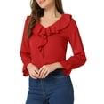 thumbnail image 4 of INSPIRE CHIC Women's Ruffle Blouse Wear-to-Work Elegant V Neck Long Sleeve Dressy Top XS Red, 4 of 6