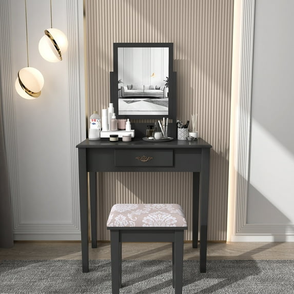 paproos Vintage Vanity Table with Rotating Rectangular Mirror, Vintage Makeup Dressing Table with Stool, Dresser Table for Women