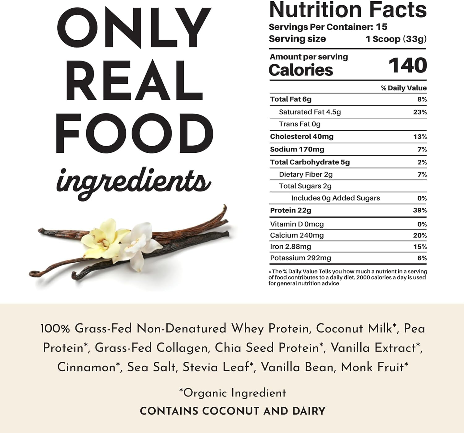 JUST INGREDIENTS Protein Powder | Vanilla Protein Powder Made with 100% Grass Fed, Non Denatured Whey | Four Different Protein Sources from Organic Whole Food Ingredients | 15 Servings | 22g Protein