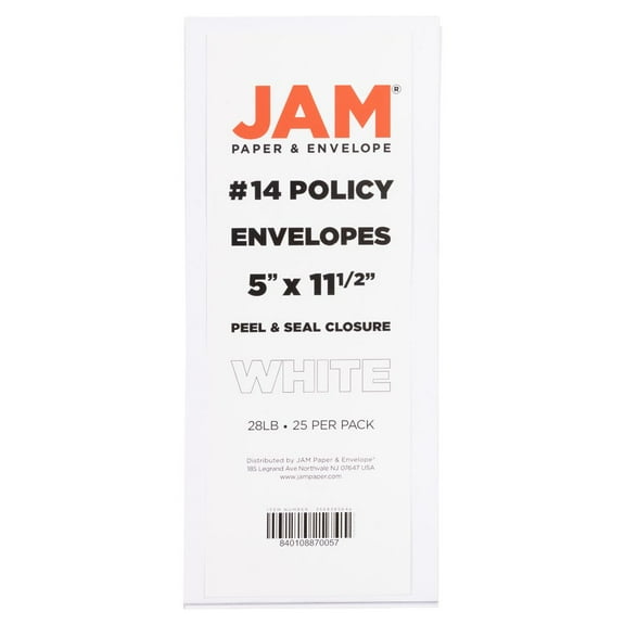 JAM Paper #14 Policy Open End Catalog Commercial Envelopes with Peel and Seal Closure, 5 x 11 1/2, White, 50 per Pack