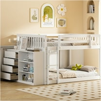 JERFIT White Full over Full Bunk Bed with Storage Drawers, Shelves, Solid Wood Frame, No Box Spring Needed, Space Saving Bunkbed