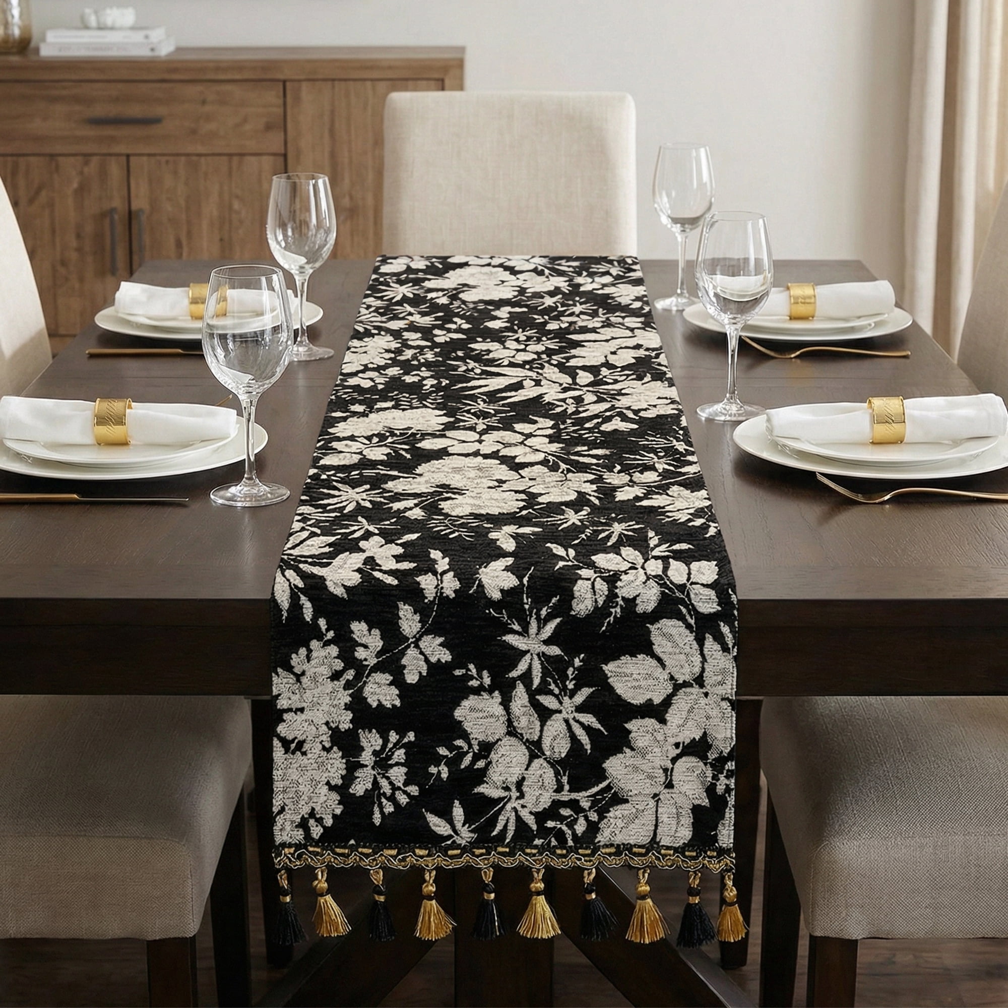 Unique Bargains Floral Table Decoration Kitchen Runner with Tassel Black 13.8x70.9in