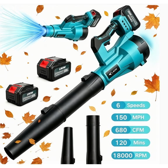 LNOW Cordless Leaf Blower, 680CFM 150MPH 6 Speed Electric Leaf Blower with 2×3.0Ah Batteries, Light Duty Leaf Blower for Blowing Leaves, Car Drying,  Yard/Patio/Garden Cleaning, Lawn Care and Dust