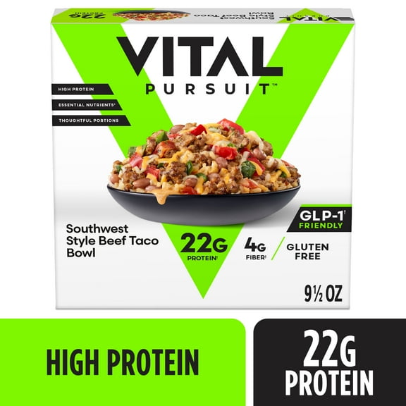 Vital Pursuit Southwest Beef Taco Bowl, High Protein GLP-1 Friendly Frozen Lunch, Frozen Meal, Ground Beef & Rice Bowl, 9.5 oz (Frozen)