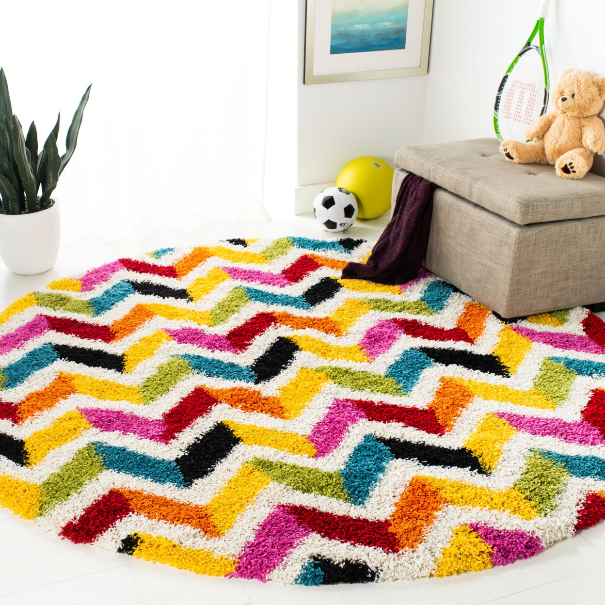 thumbnail image 3 of SAFAVIEH Aletha Colorful Chevron Kids Shag Runner Rug, Ivory/Multi, 2'3" x 9', 3 of 11