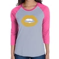 thumbnail image 1 of LA Pop Art Women's Raglan Baseball Word Art T-shirt - Gold Digger Lips, 1 of 2