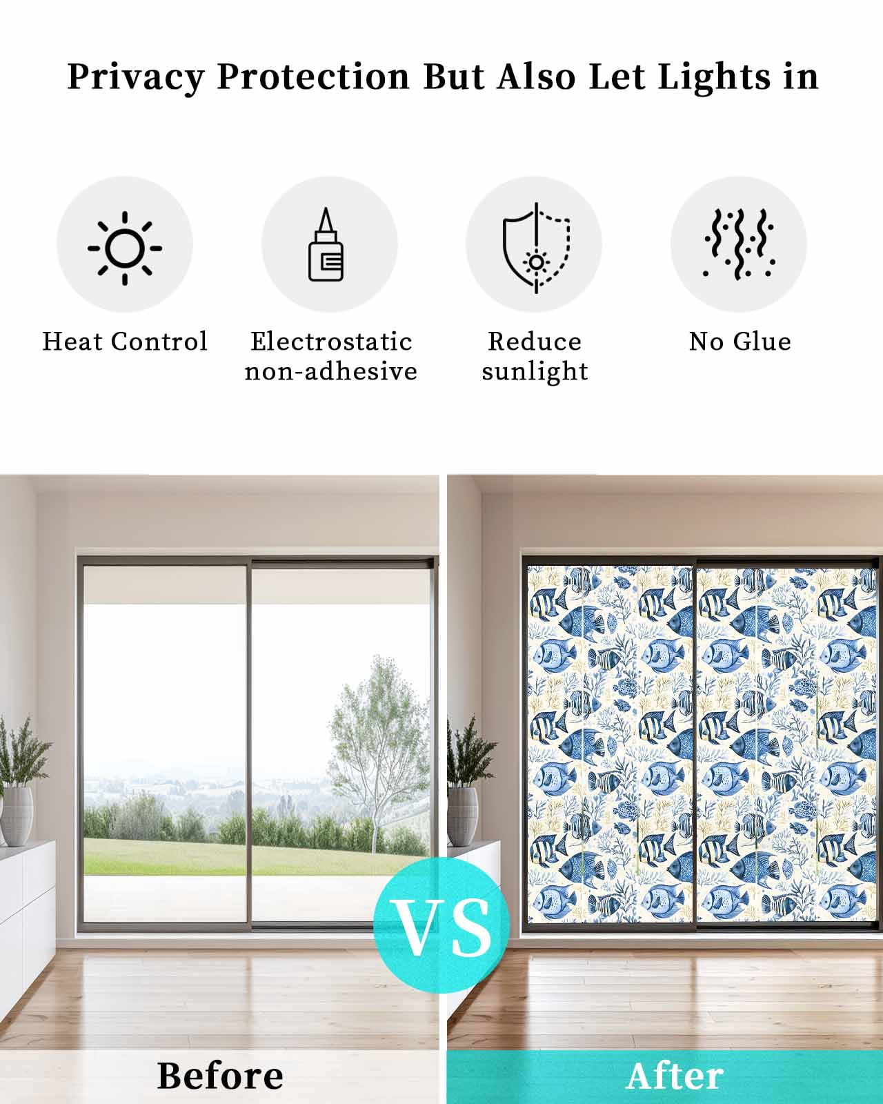 Window Privacy Film Blue Ocean Fish Stained Glass Window Film Decorative Sun Block Window Cover Tropical Animal Coastal Coral Marine Life Window Clings Static Sticker for Bathroom 29.5"x78.7"