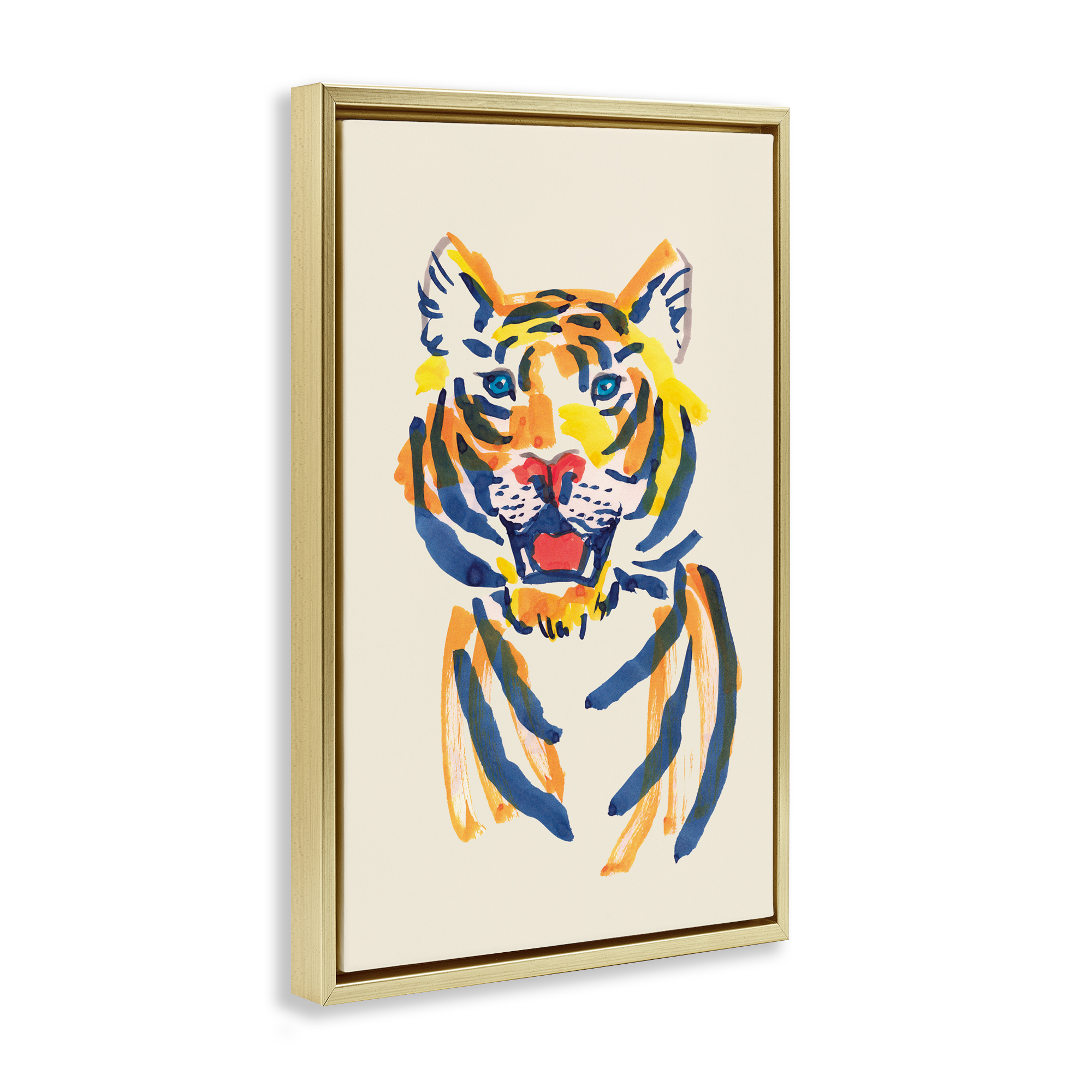 Tiger Roar Watercolor Gold Framed Floater Canvas Wall Art, design by Karolina Sato