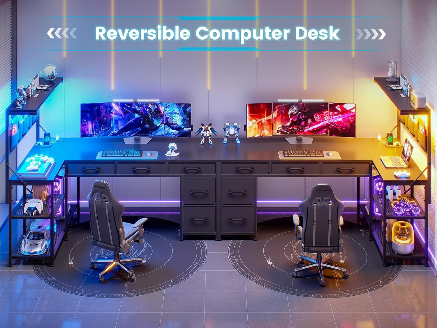 L Shaped Desk with 5 Fabric Drawers and Hutch, 47.2" Reversible Computer Desk with LED Lights for Home Office