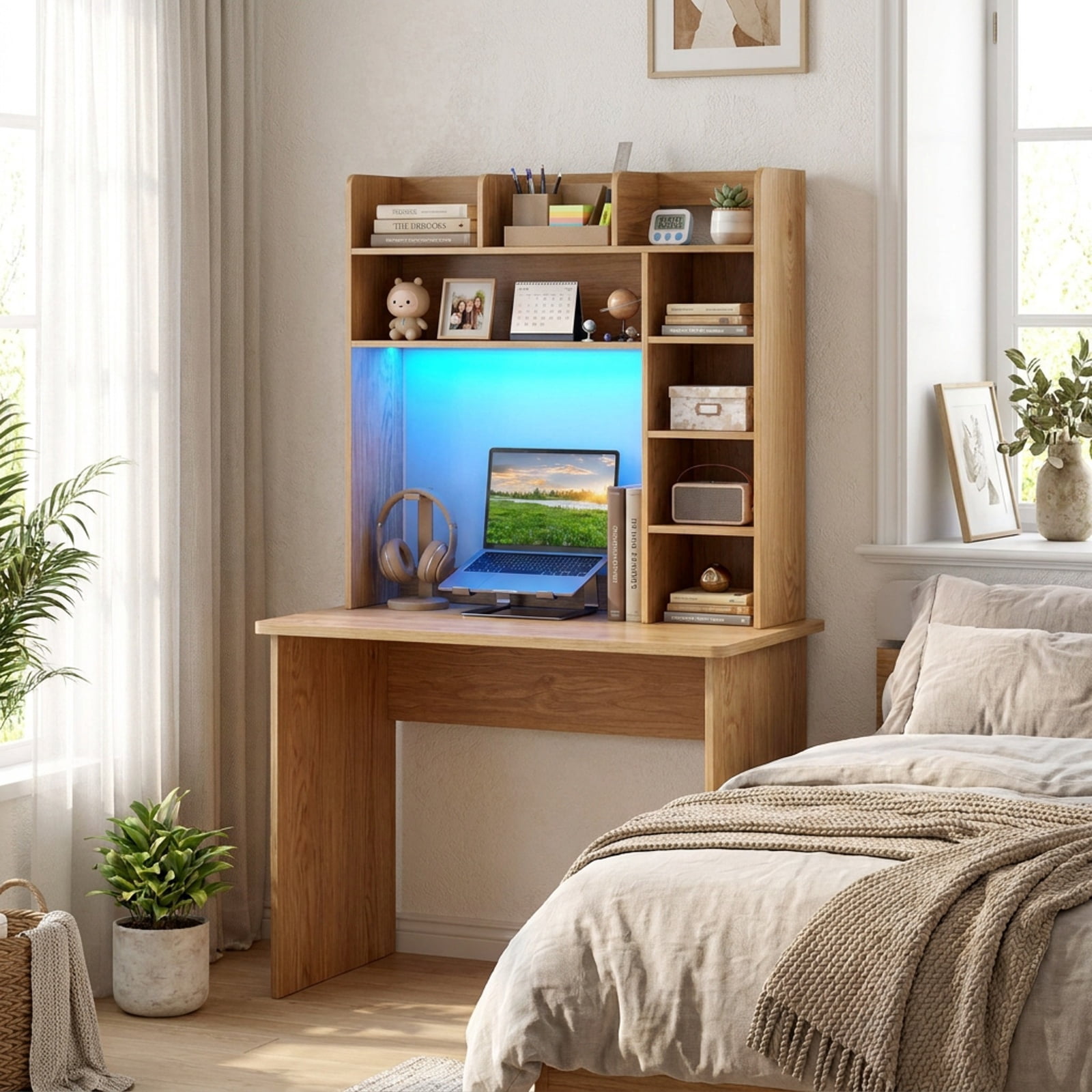 Furnibear Desktop Bookshelf with LED Lights 35.5 Inch Wood Desk Hutch Storage Organizer with Adjustable Shelves and Remote, Natural
