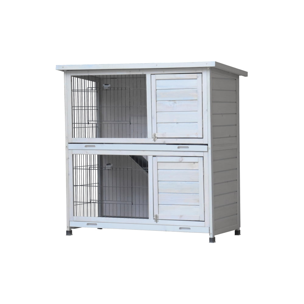 2-Story Outdoor Rabbit Hutch with Run, Waterproof Roof & Removable Trays for Small Animals