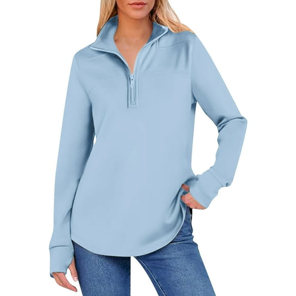 CQONEPT Womens Half Zip Hoodies with Thumb Holes Casual Solid Sweatshirts Lapel Neck Fashion Pullover Tops Blue XL