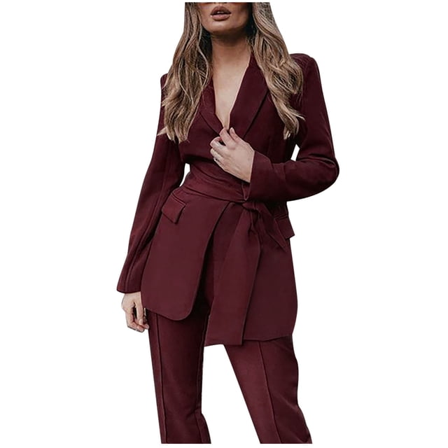 Conjunto de traje de pantalón con cinturón y tops de manga larga con cuello vuelto liso para mujer Wmkox8yi bvn363
