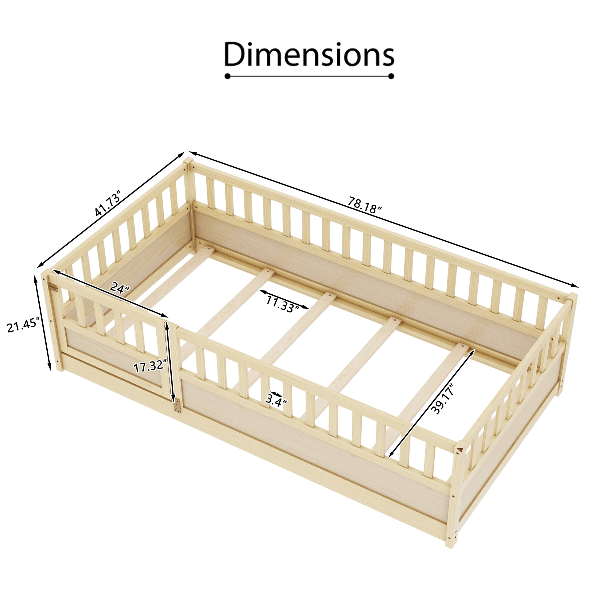 Kumix Floor Bed Twin Size with Door and Fence, Bed for Aged 1-3, Wooden Floor Bed with Safety Guardrails for Bedroom, Twin Floor Bed Frame for Girls & Boys, No Box Spring Needed, Natural