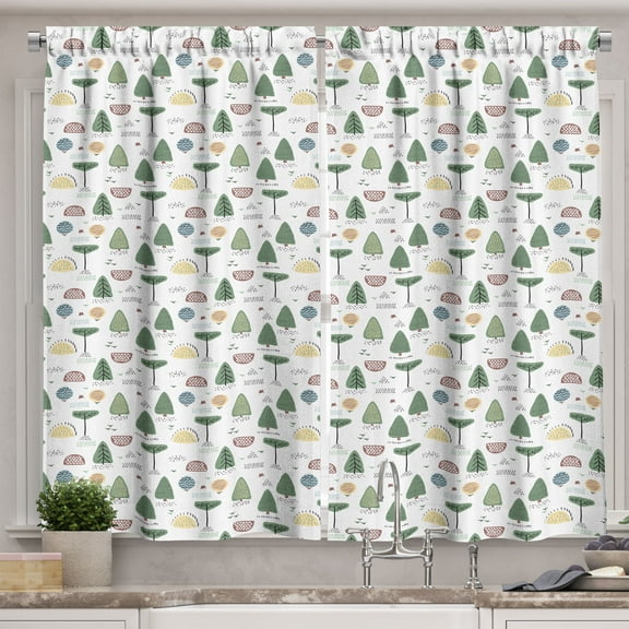 Ambesonne Tree Kitchen Curtains, Woodland with Birds, 55"x39", Multicolor