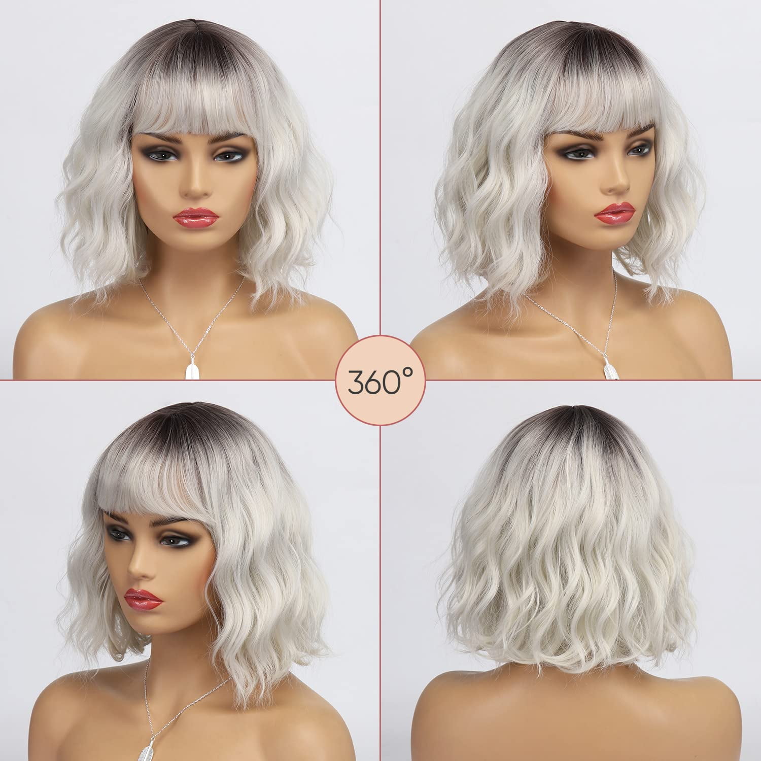 DOPI Short White Silver Wigs for Women Ombre Grey Wavy Bob Wig with Bangs Medium Length Synthetic Hair Water Wave Dark Roots Wig Gray Colorful Wigs（12 Inches）